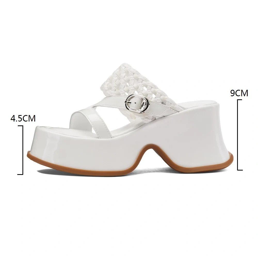 Women's 9CM High Wedge Sandals Genuine Leather Summer Open The Toe Braided Buckle Hollow-Out Fashion Slides 50516