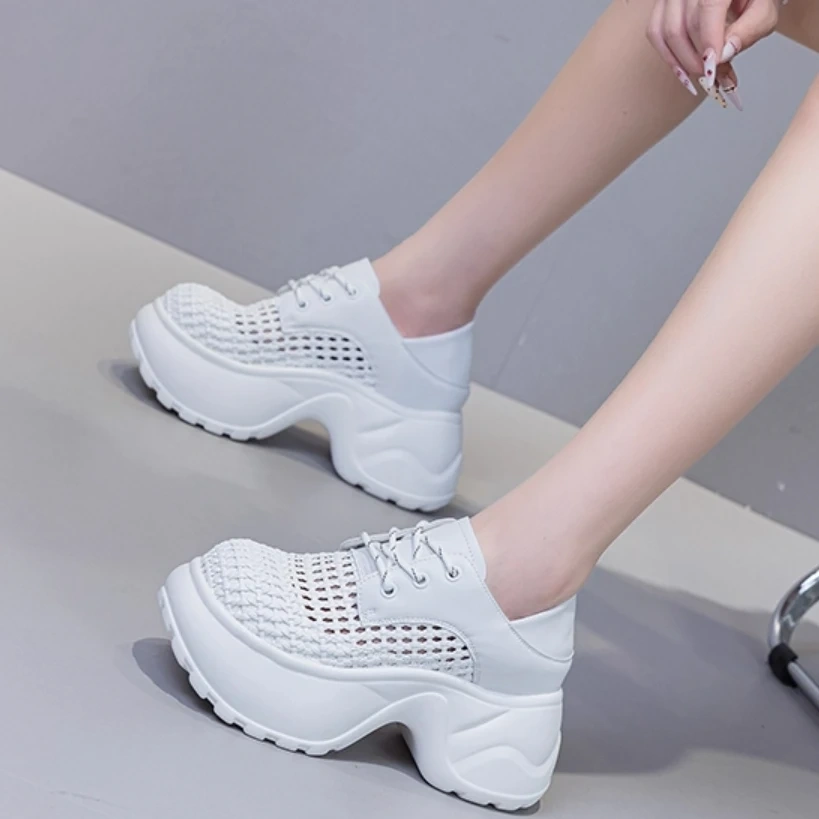 Women's Summer Fashion Slim Fit 10CM High Heel Platform Genuine Leather & Mesh Hollow-Out Lace-Up Casual Solid Color Shoes 50713