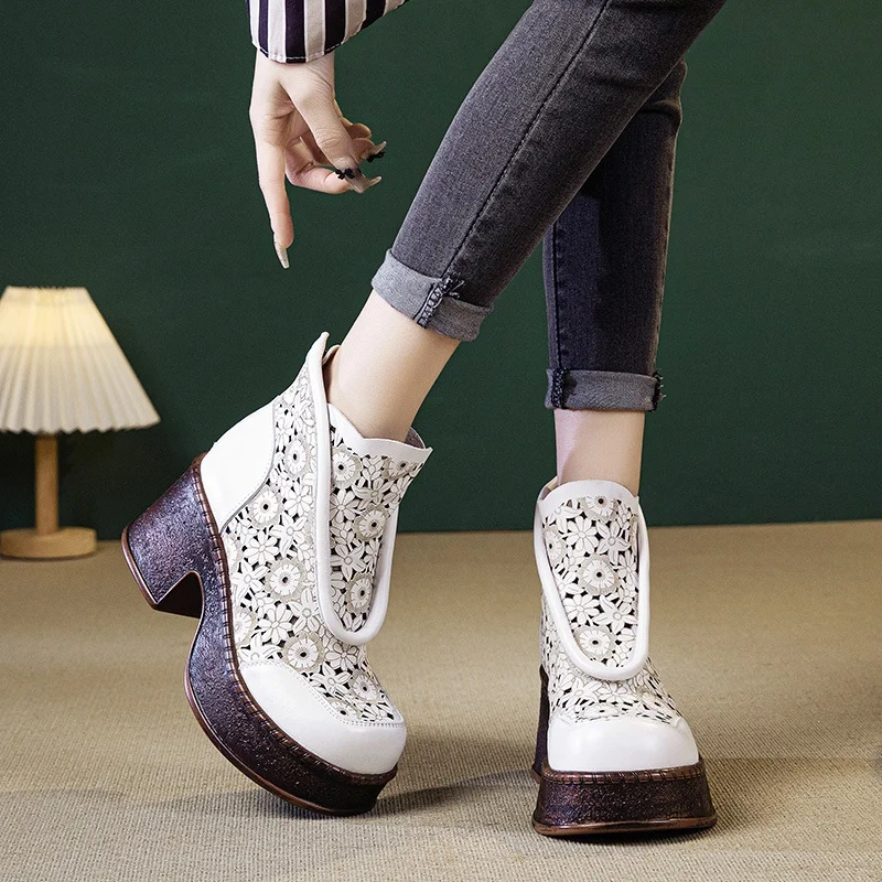 Women's Spring Summer Slim 7.5 CM Chunky Heel Genuine Leather Platform Floral Cut Out Embroidery Retro Chinese Ankle Boots 50603