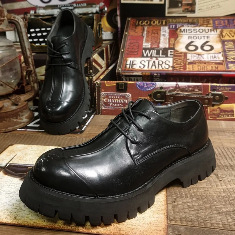 Spring Autumn New Arrival British Style Retro Chunky Bottom Round Toe Sewing Cross-tied Genuine Leather Men Business Shoes 2305