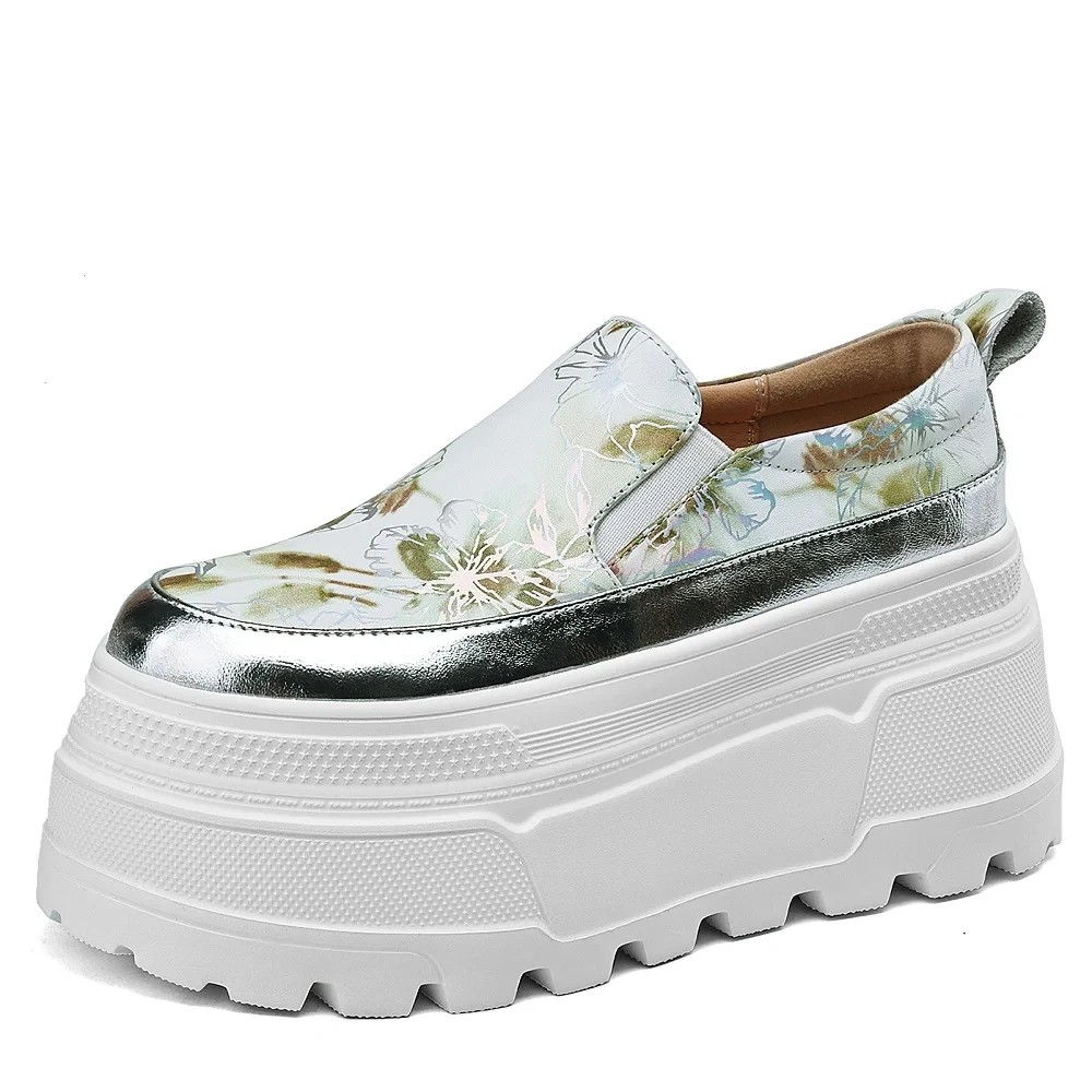 Women's Summer New Slim 8 CM Thick Sole Genuine Leather Printed Loafer Shoes Round Toe Slip On Platform Blocking Flats 50618