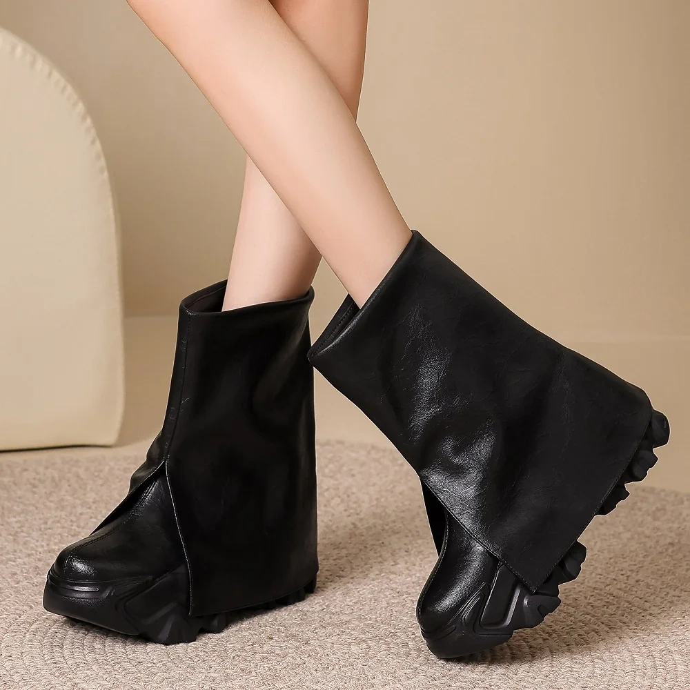 10CM Genuine Leather Black Invisible Height Increasing Women's Autumn Winter Concise Platform Casual Versatile Ankle Boots 50923