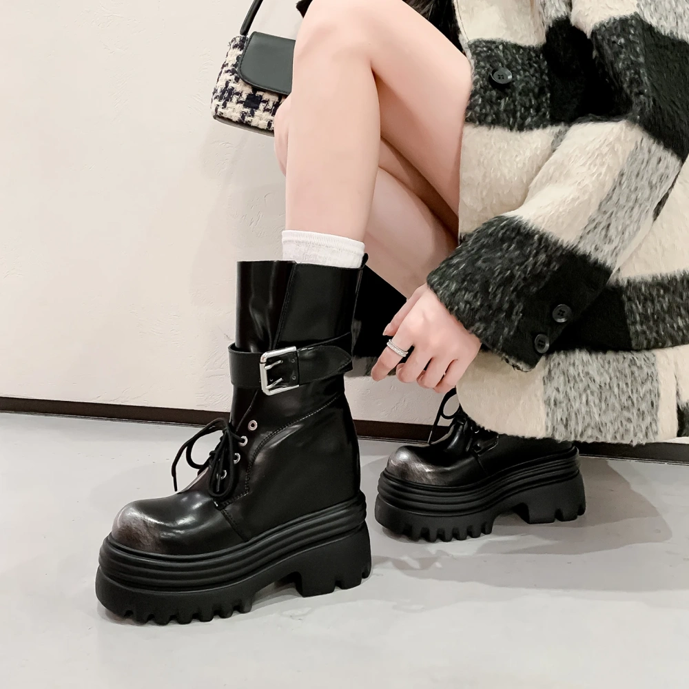 Women's Spring Autumn New Genuine Leather Round Toe Lace-Up Belt Buckle Slip-On Platform 12CM Inner Elevator Ankle Boots 50820