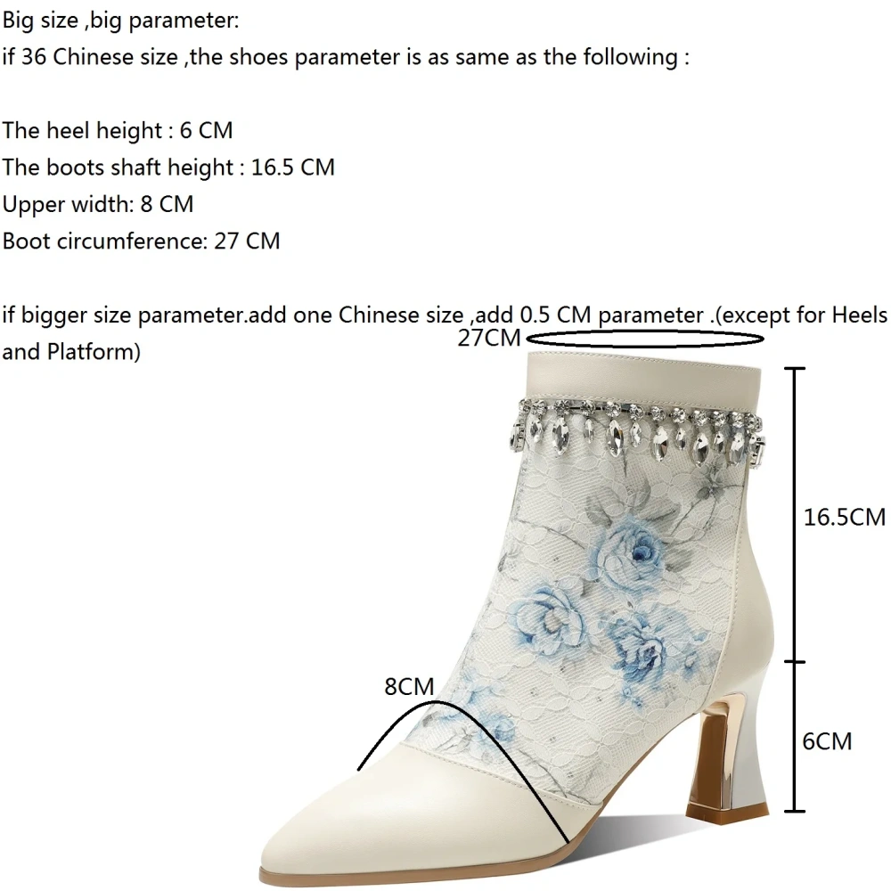 Women's Spring Autumn Slim 6CM Stiletto Heel Genuine Leather Crystals Embroidery Pointed Toe Zipper Plus Size Ankle Boots 50623