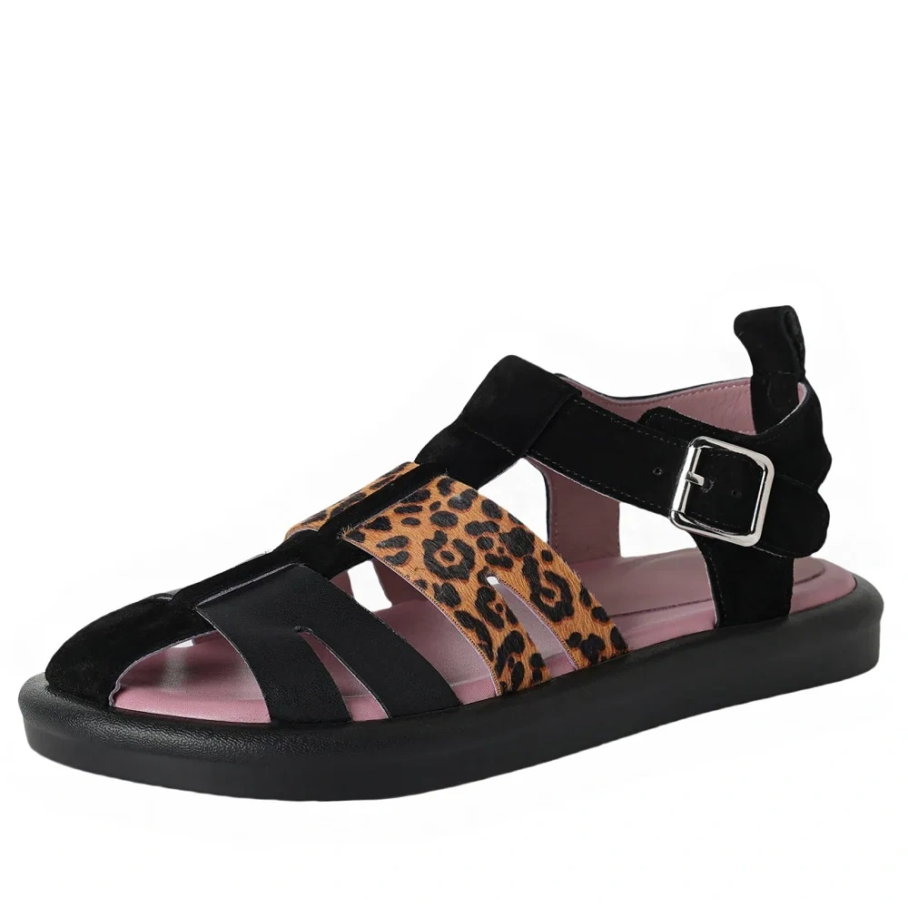 Women's Summer New 2.5 CM Flat Genuine Leather Color Block Cut Out Woven Peep Toe Backless Buckle Strap Gladiator Sandals 50614