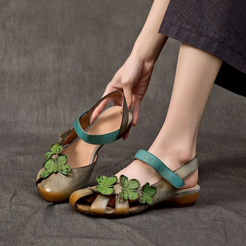 Women Summer New 2.5CM Low Heel Genuine Leather Cut Out Open Back Color Block Floral Single Strap Hook&Loop Retro Sandals 50626