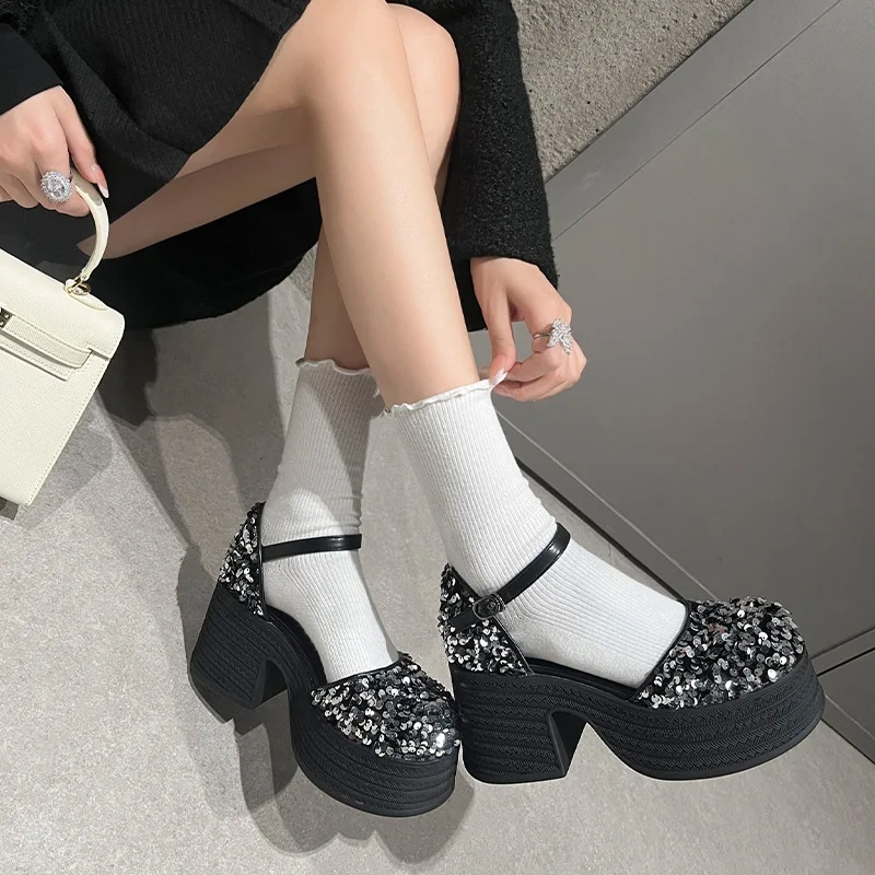 Women's Summer New Mary Jane Pumps 8 CM Chunky Heel Sequins Platform Square Toe Shallow Mouth Buckle Strap Fashion Shoes 50614