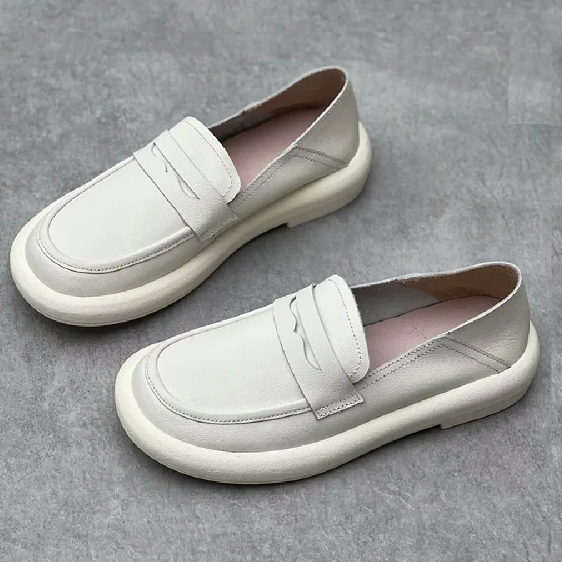 Spring Autumn New Retro Chunky Bottom Sewing Handmade Slip-On Genuine Leather Women Loafers Shoes Ladies Casual Sneakers 2312