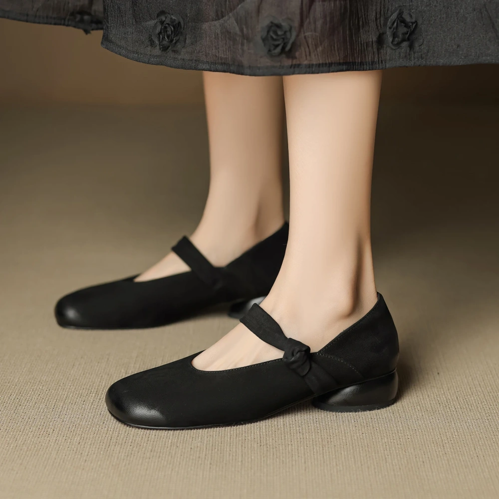 Women's New Autumn & Summer Genuine Leather Retro Round Toe Shallow Mouth Slip-On Single Strap 3CM Block Heel Casual Shoes 50728