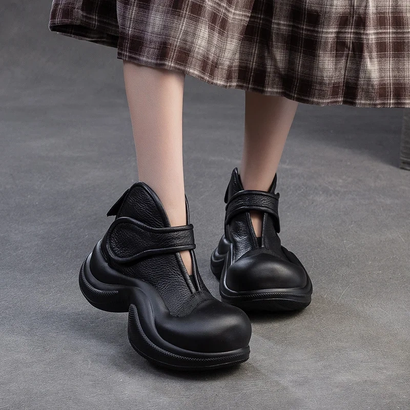 Women's Spring Summer Slim Fit 5.5CM Thick Sole Round-Toe Genuine Leather Solid Color Slip-On Hook & Loop Straps Shoes 50703