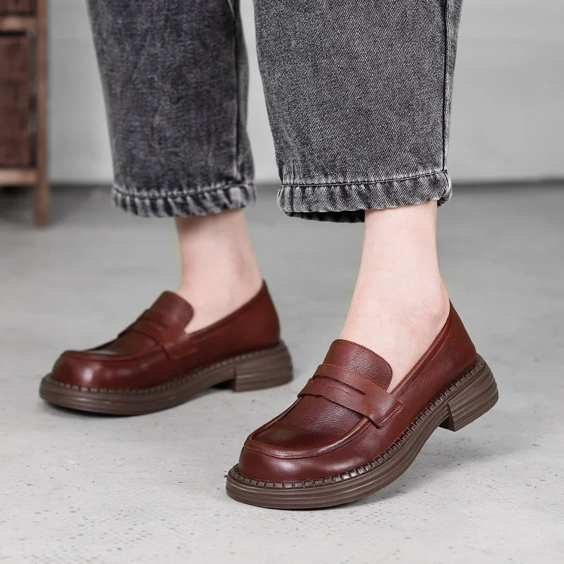 Women Spring Autumn New Slim 3 CM Square Heel Slip On Solid Color Round Toe Comfort Flats Retro Casual Loafers Shoes 50620