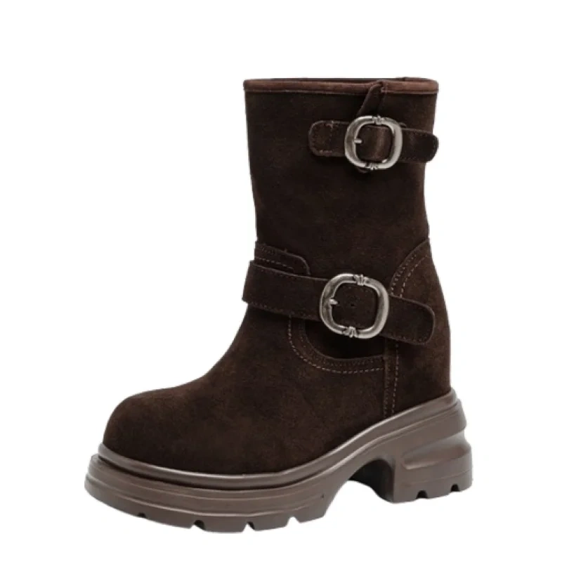 12CM Inner Height Increasing Women's Ankle Boots Suede Leather Belt Buckle Platform Casual 2025 Spring & Autumn New 51013
