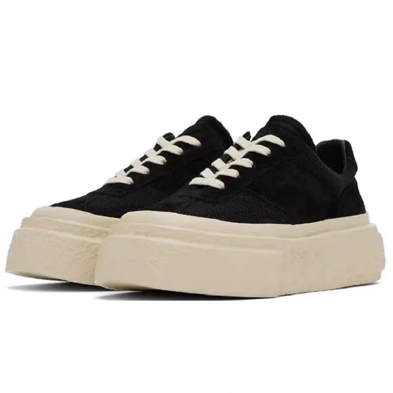 Men's Summer Chunky Sole 5cm Platform Genuine Leather Black & White Color Block Lace-Up Round Toe Non-Slip Casual Shoes 50715