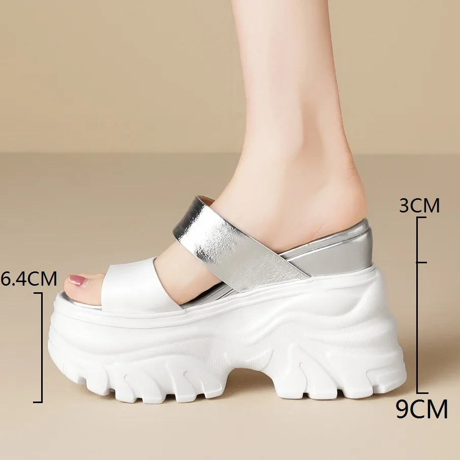 Women's Summer Slim 12 CM Height Increasing Genuine Sheepskin Leather Open Toe Gladiator Wedge Platform Bling Slippers 50531