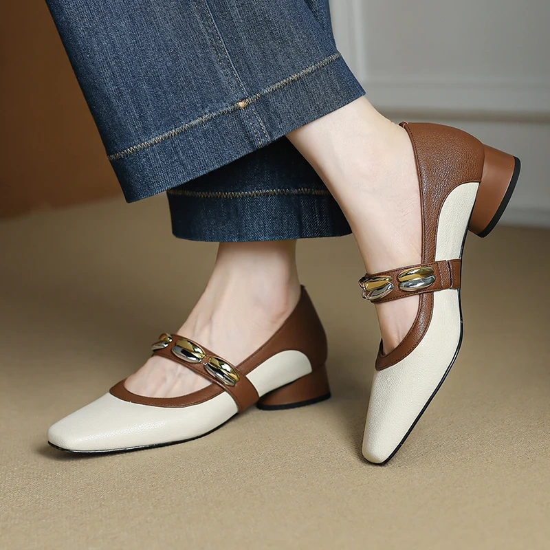 Women's Spring Summer New Genuine Leather French Square Toe 3CM Low Chunky Heel Shallow Mouth Block Color Slip On Shoes 50724