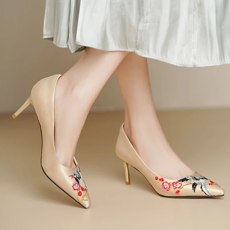 Women's Spring Summer Slim 6.5 CM High Heels Pointed Toe Shallow Mouth Stiletto Silk Embroidery Slip On Plus Size Shoes 50621