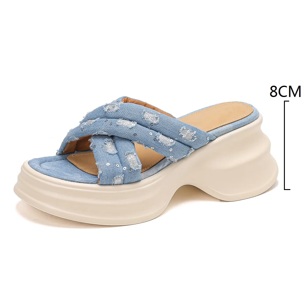 Women's Summer Fashion Denim Blue Slim 8 CM Chunky Heel Platform Wedge Bling Open Toe Gladiator Modern Slide Slippers 50528