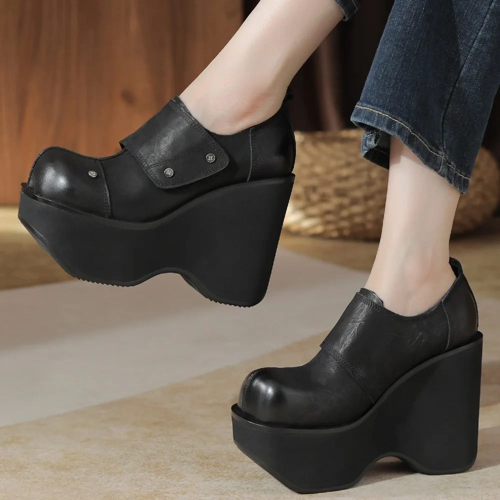 Spring Autumn New British Style Slim 12CM Super High Heels Platform Rivet Sewing Genuine Leather Women Modern Loafers Shoes 2409