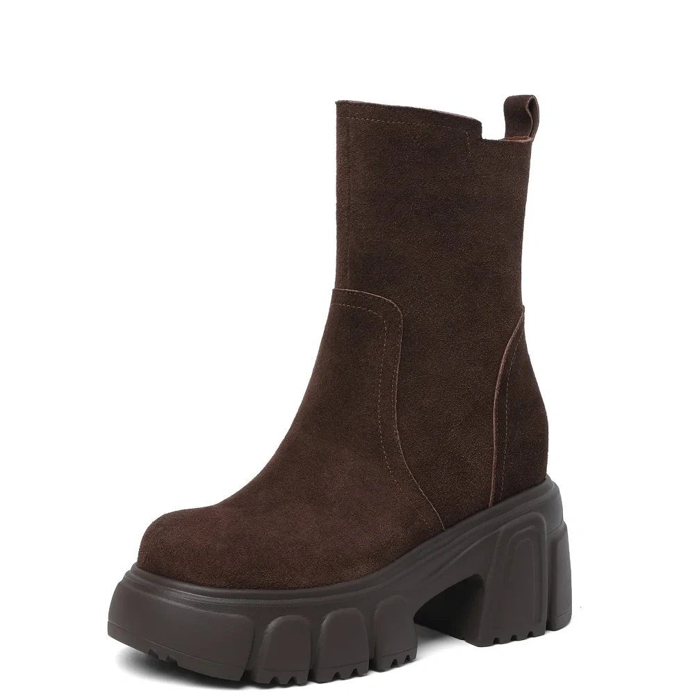 Solid Color Side Zipper 10CM Block Heel Matte Leather Platform Korean Slip On Retro Handmade Women's Autumn Winter Boots 51017