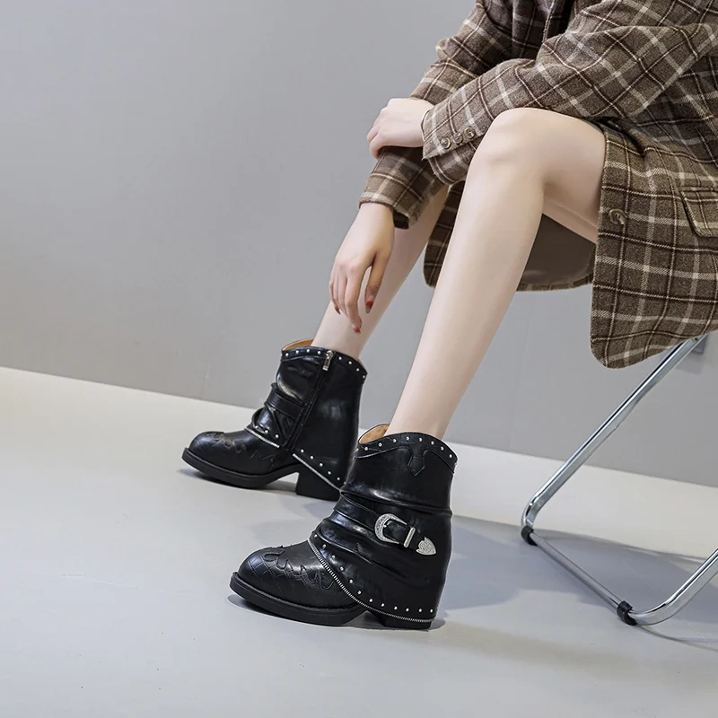 Punk 11CM Inner Height Increasing Real Leather Rivets Belt Buckle Pointed Toe Street Style Autumn Winter Women's Boots 51014