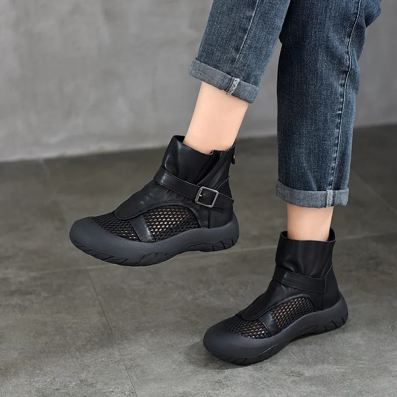 Women's Spring Autumn Slim 4CM Thick Sole Genuine Leather Mesh Hollow Out Buckle Gladiator Platform Slip On Ankle Boots 50531