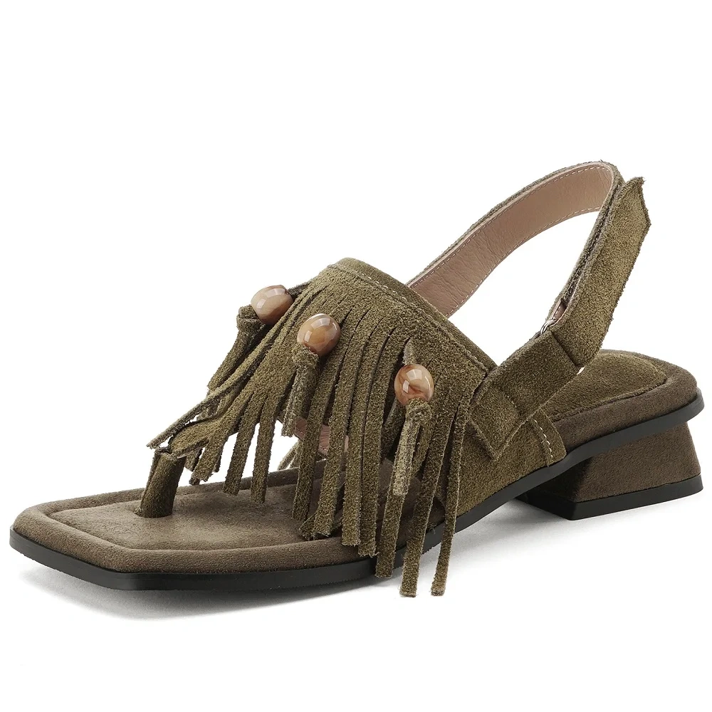 Women's Summer New 3CM Square Heel Suede Flip Flop Square Toe Hook & Loop Fringe Bead Backless Bohemian Gladiator Sandals 50619