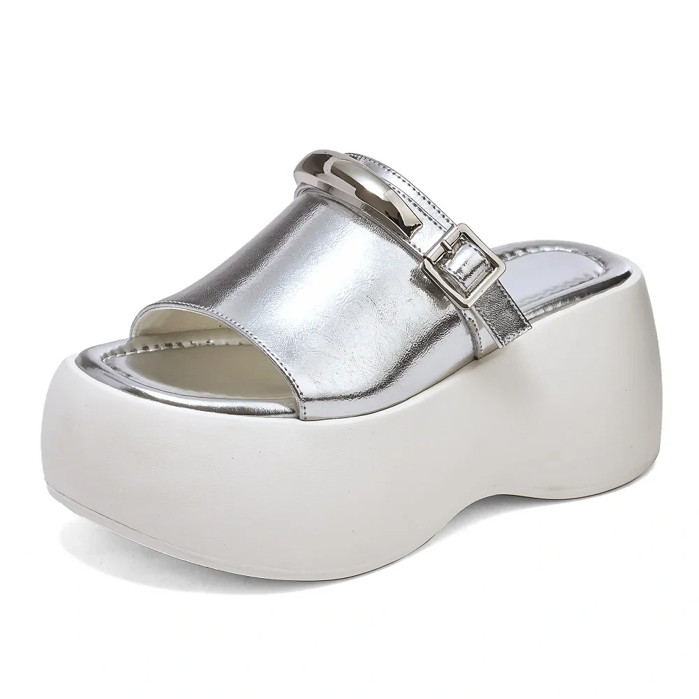Women's Summer Slim 8 CM High Heel Platform Genuine Leather Wedge Shoes Bling Open Toe Gladiator Metallic Buckle Slippers 50528
