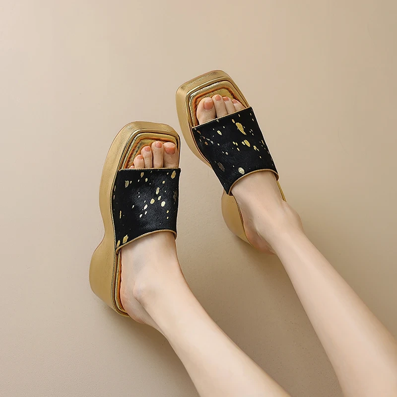 Women's Summer New Fashion 8.5 CM Chunky Heel Genuine Leather Square Toe Open-Toe Platform Horsehair Wedge Slippers 50618