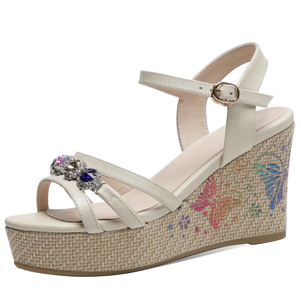 Women's Summer New Slimming 9.5 CM Wedge Heel Printed Genuine Leather Peep Toe Crystals Platform Single Strap Sandals 50610
