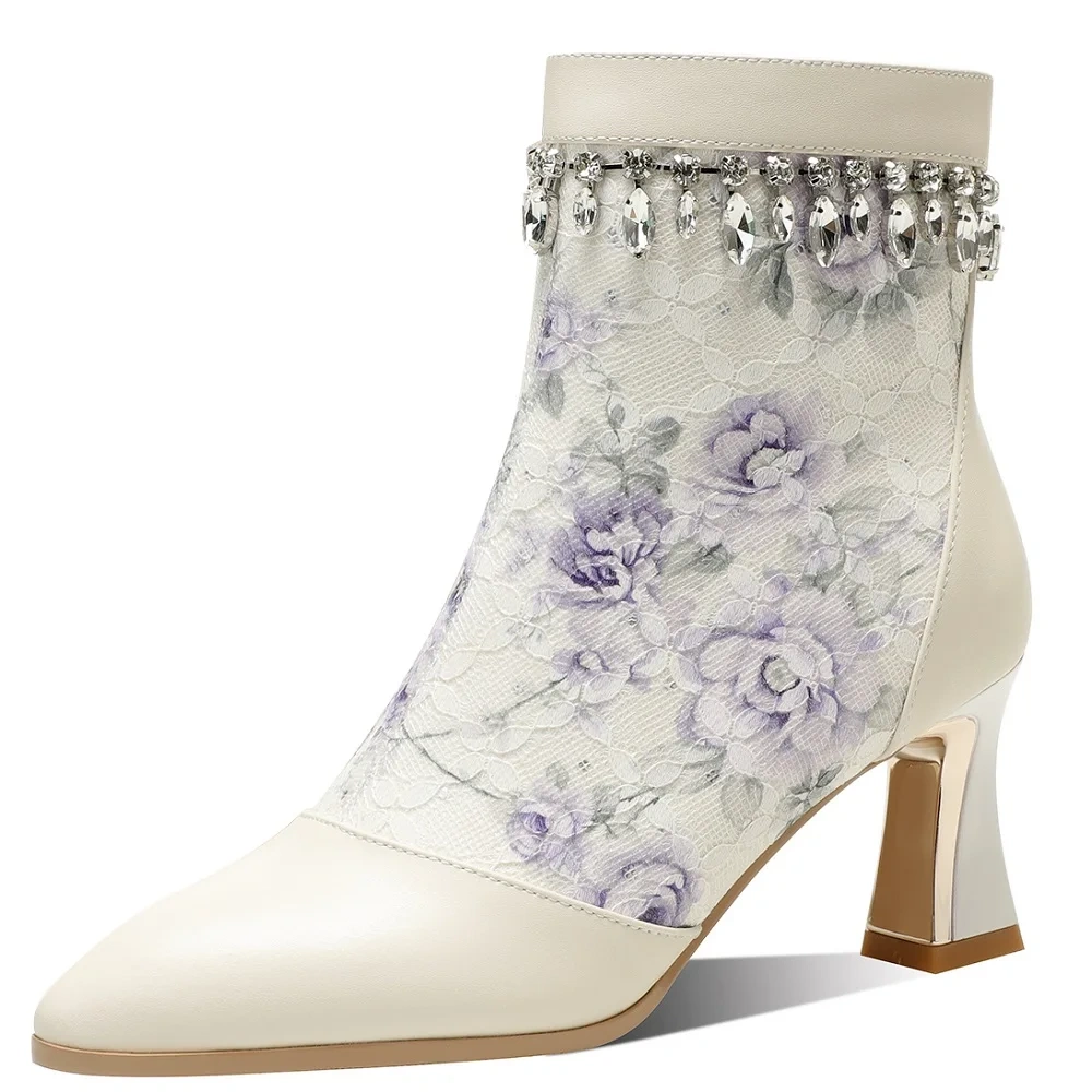 Women's Spring Autumn Slim 6CM Stiletto Heel Genuine Leather Crystals Embroidery Pointed Toe Zipper Plus Size Ankle Boots 50623