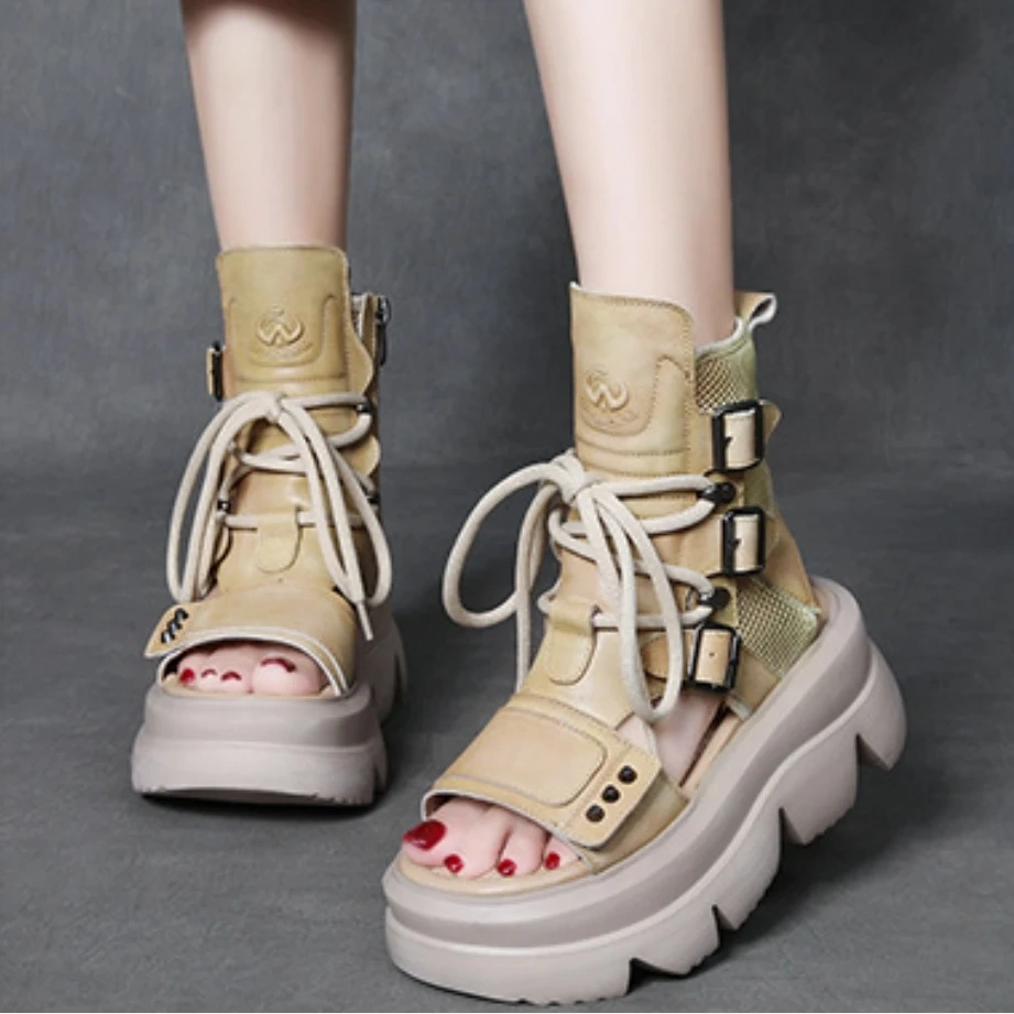 Women's 7 CM Thick Sole Slim Real Leather Open Toe Slingbacks Metal Platform Buckle Lace Up Zipper Cut Out Summer Boots 50531