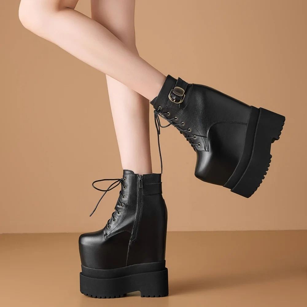 20CM Ultra High Heel Genuine Leather British Style Side Zipper Platform Stage Model Boots Ankle Boots Non-Slip Plush Lined 51016