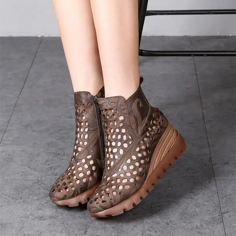 Summer New British Style Retro Wedges Hollow Embroidery Zipper Genuine Leather Women Ankle Short Riding Equestrian Boots 2404