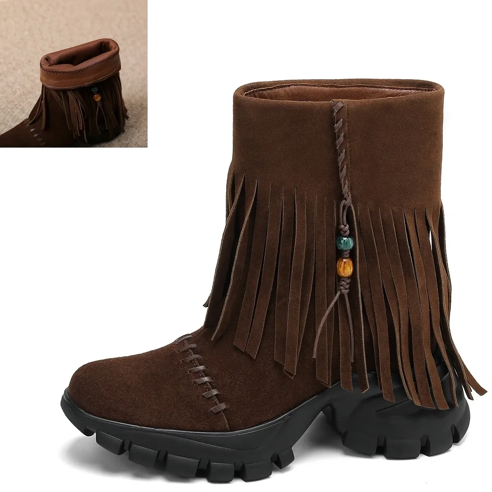 New Autumn Winter Women's Suede Leather 10cm Thick Sole Inner Height Tassel Bead Stitched Casual Versatile Ankle Boots 50930