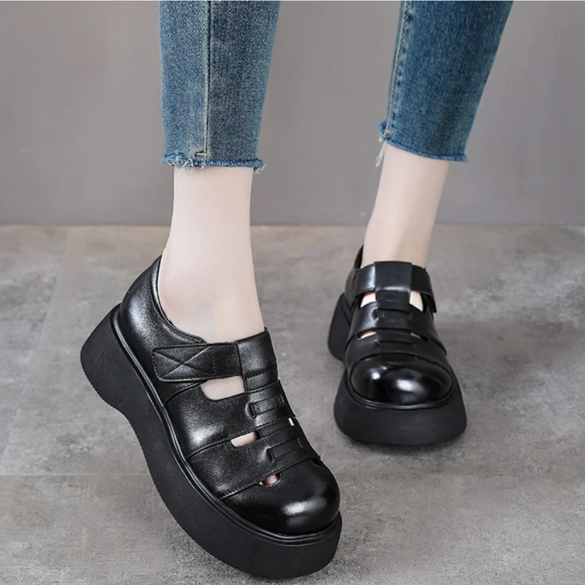 Women's Spring Summer Slim 4.5CM Thick Sole Round-Toe Genuine Leather Platform Hook&Loop Cutout Strappy Roman Sandals 50707