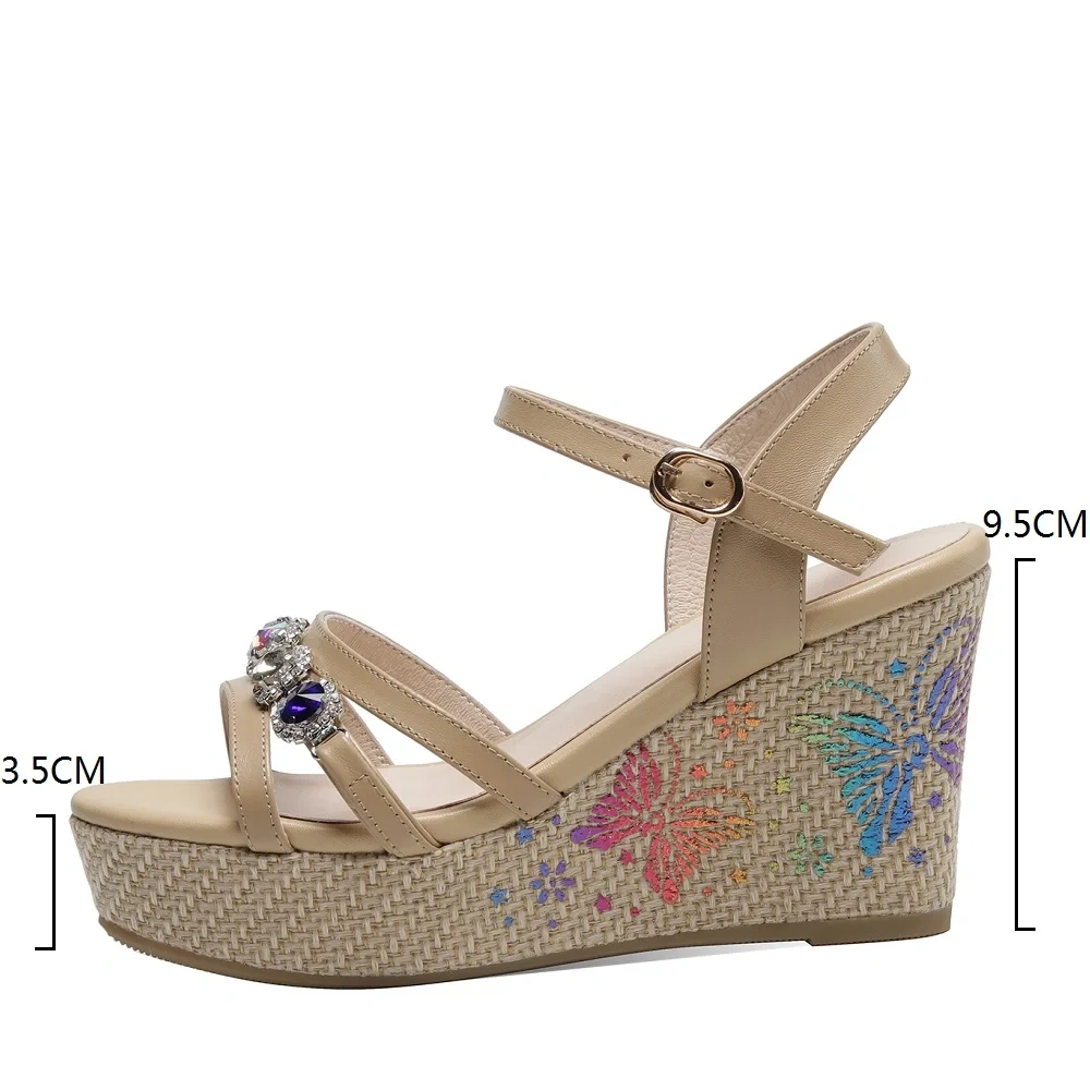 Women's Summer New Slimming 9.5 CM Wedge Heel Printed Genuine Leather Peep Toe Crystals Platform Single Strap Sandals 50610