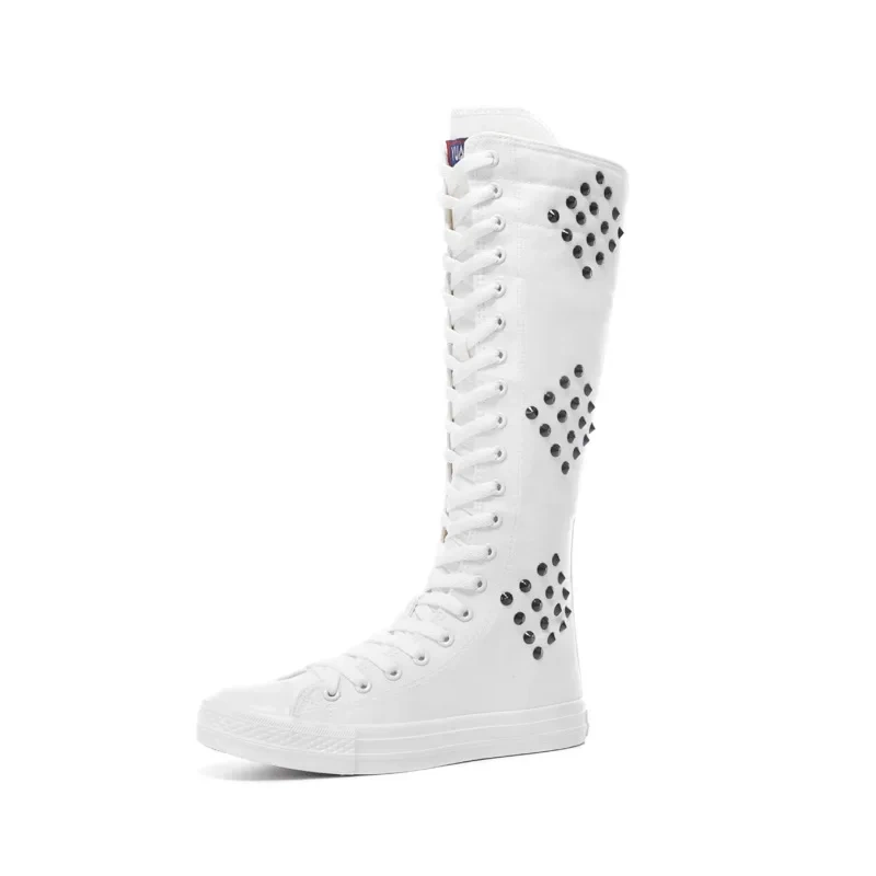 Women Sneakers Punk Style Slim Flat Heels Cross-tied Rivet Plus Size 42 43 Canvas Ladies Knee High Long Riding Knight Boots