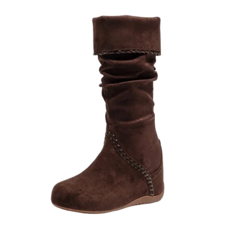 Women Autumn Winter New Mid-Calf Boots Cow Suede Casual 11CM Invisible Heel Sewing Foldable Collar Korean Style Half Boots 51014