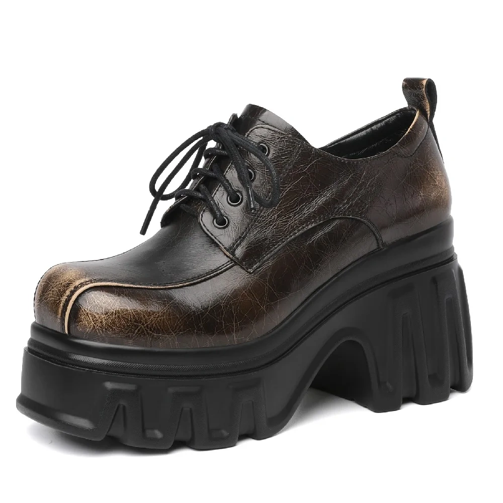 Spring Autumn New British Style Retro 10CM High Heels Platform Wedges Mixed Colors Lace-Up Genuine Leather Women Modern Pumps