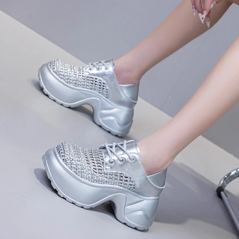 Women's Summer Fashion Slim Fit 10CM High Heel Platform Genuine Leather & Mesh Hollow-Out Lace-Up Casual Solid Color Shoes 50713