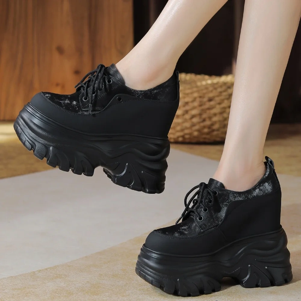 Spring Autumn New Slim 14CM High Heels Platform Wedges Mixed Colors Lace-Up Genuine Leather Women Casual Shoes Ladies Sneakers