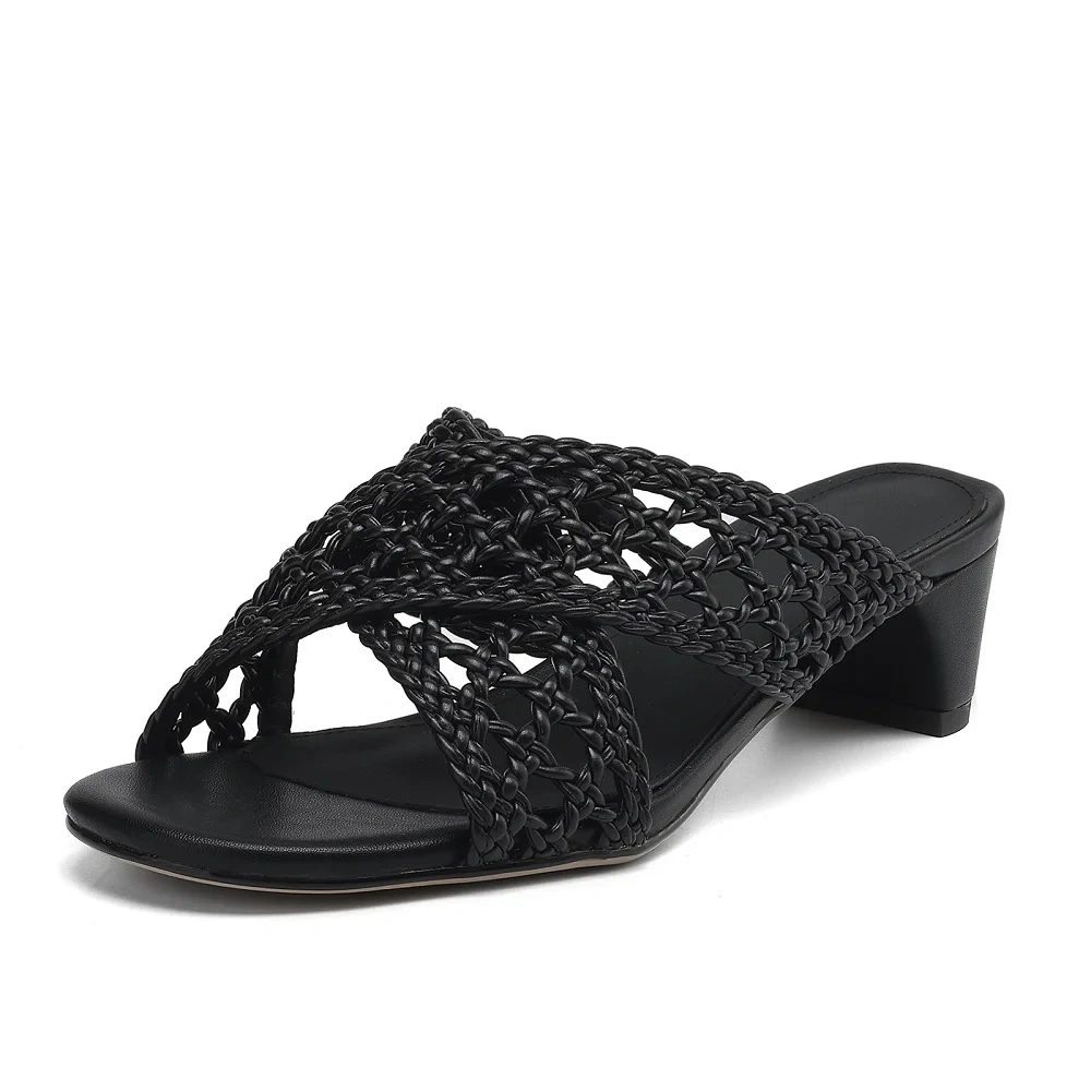 Women's Summer New Slim 4 CM Chunky Heel Woven Cross Strap Cut Out Open Toe Gladiator Fashion Slippers 50529