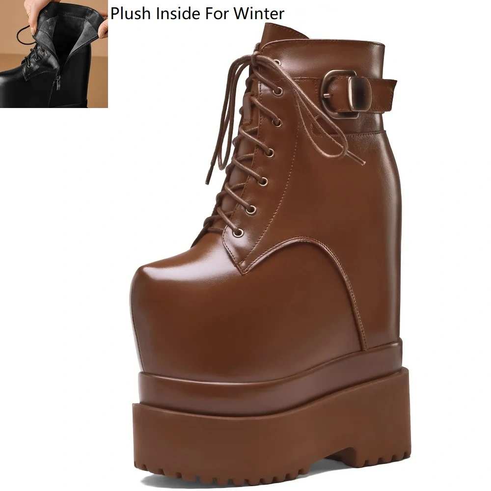 20CM Ultra High Heel Genuine Leather British Style Side Zipper Platform Stage Model Boots Ankle Boots Non-Slip Plush Lined 51016