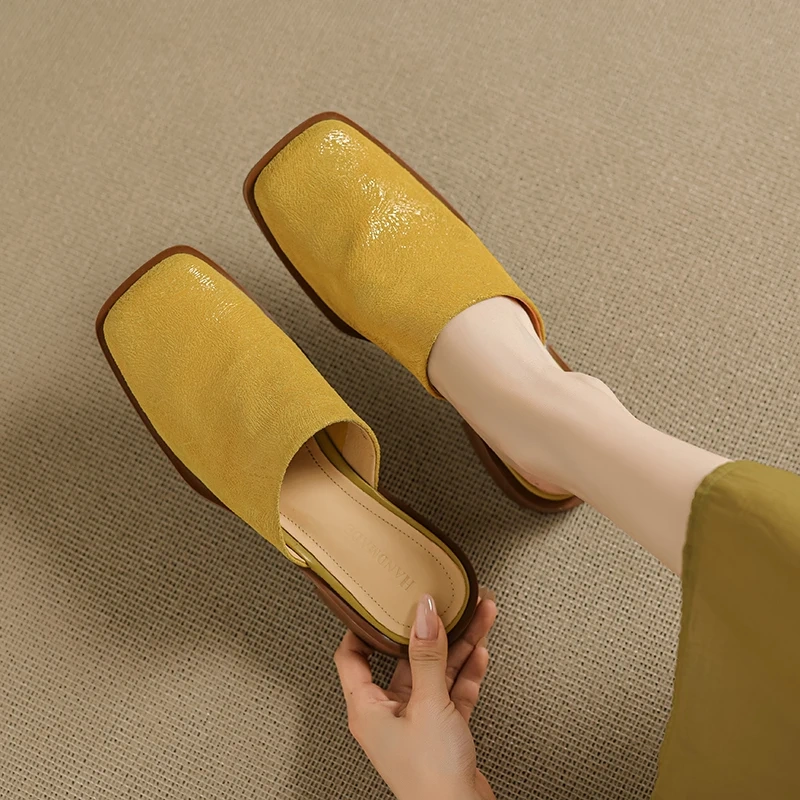 Women's Spring Summer New Fashion 2.5 CM Block Heel Genuine Leather Solid Color Closed Toe Open Back Yellow Simple Slides 50616