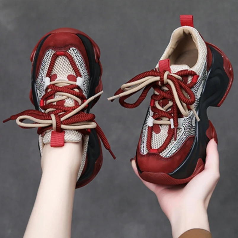 Women's Spring Summer Slim 6.5 CM Thick Sole Genuine Leather & Mesh Crystals Hollow Out Platform Lace-Up Casual Shoes 50602