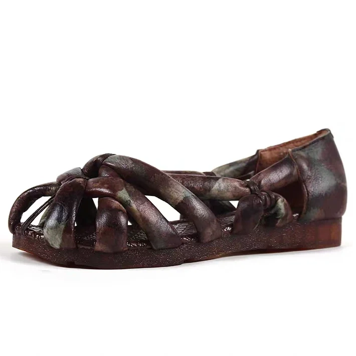 Women's Summer Genuine Leather Peep Toe Sandals Shallow Mouth Cutout Printed Cross Strap Slip On Casual Flats Shoes 50630