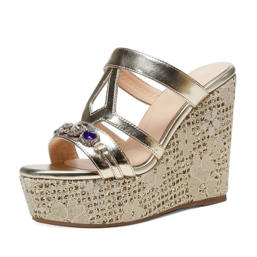 Women's Summer New Fashion 12CM Thick Platform Wedge Heel Genuine Leather Crystals Open Toe Platform Gladiator Slippers 50711