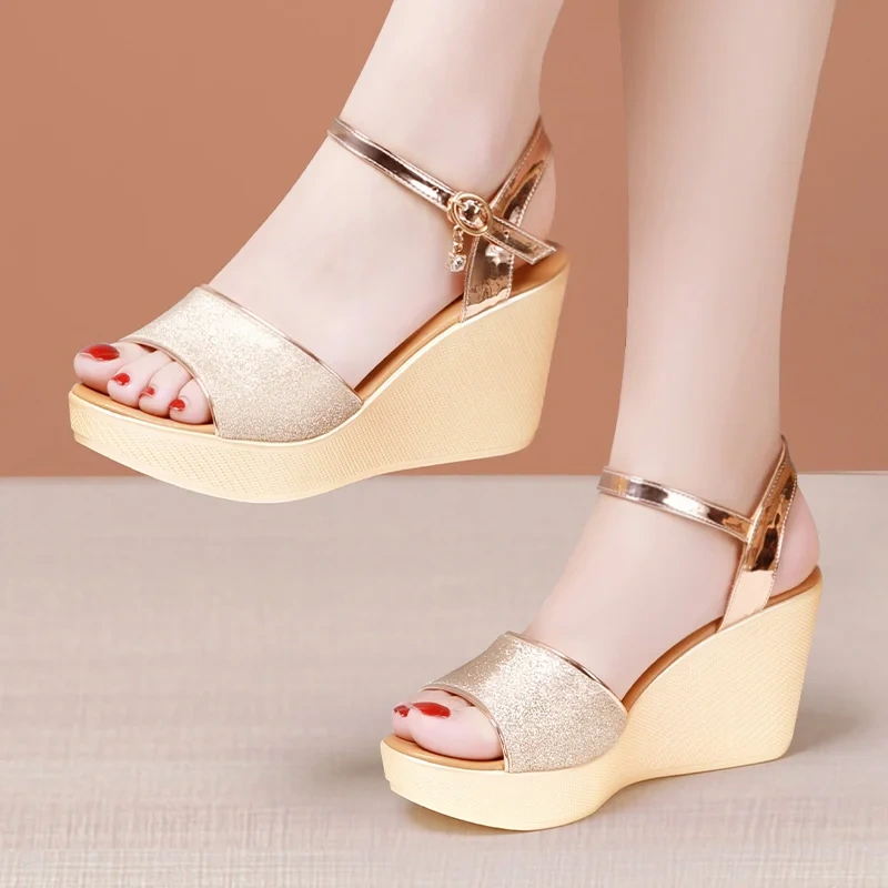 Women's Summer New Slim 8CM Wedge Heel Open Toe Shallow Mouth Concise Sandals Straps Crystals Platform Plus Size Shoes 50711