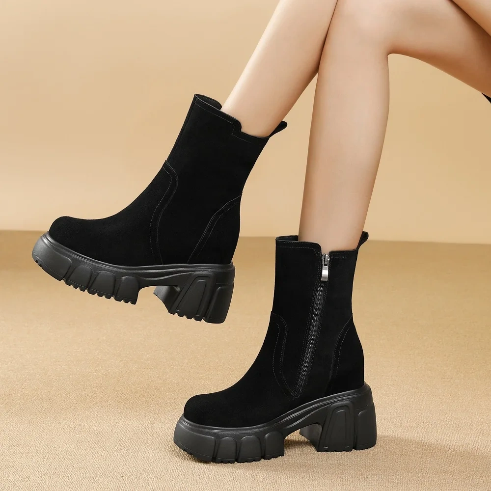 Solid Color Side Zipper 10CM Block Heel Matte Leather Platform Korean Slip On Retro Handmade Women's Autumn Winter Boots 51017