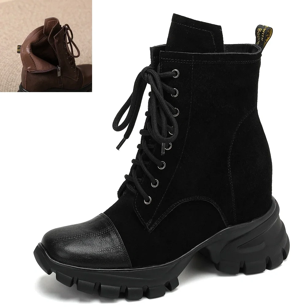 Suede Genuine Leather 10CM Platform Inner Heightening Lace-Up Side Zipper New Solid Color Concise Slim Retro Ankle Boots 50930